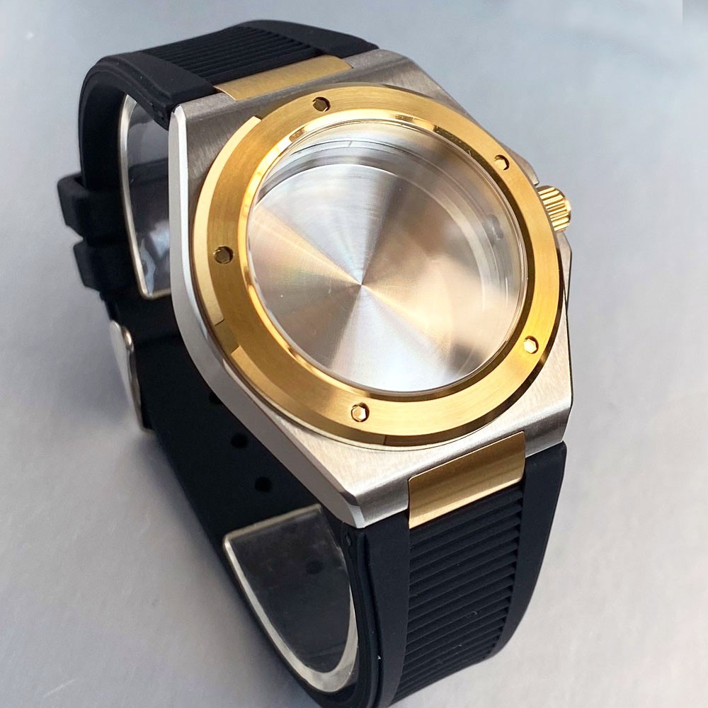 Two Tone Gold 40mm Sapphire 200M Dive Watch Case Fit NH35 PT5000 Glass Back