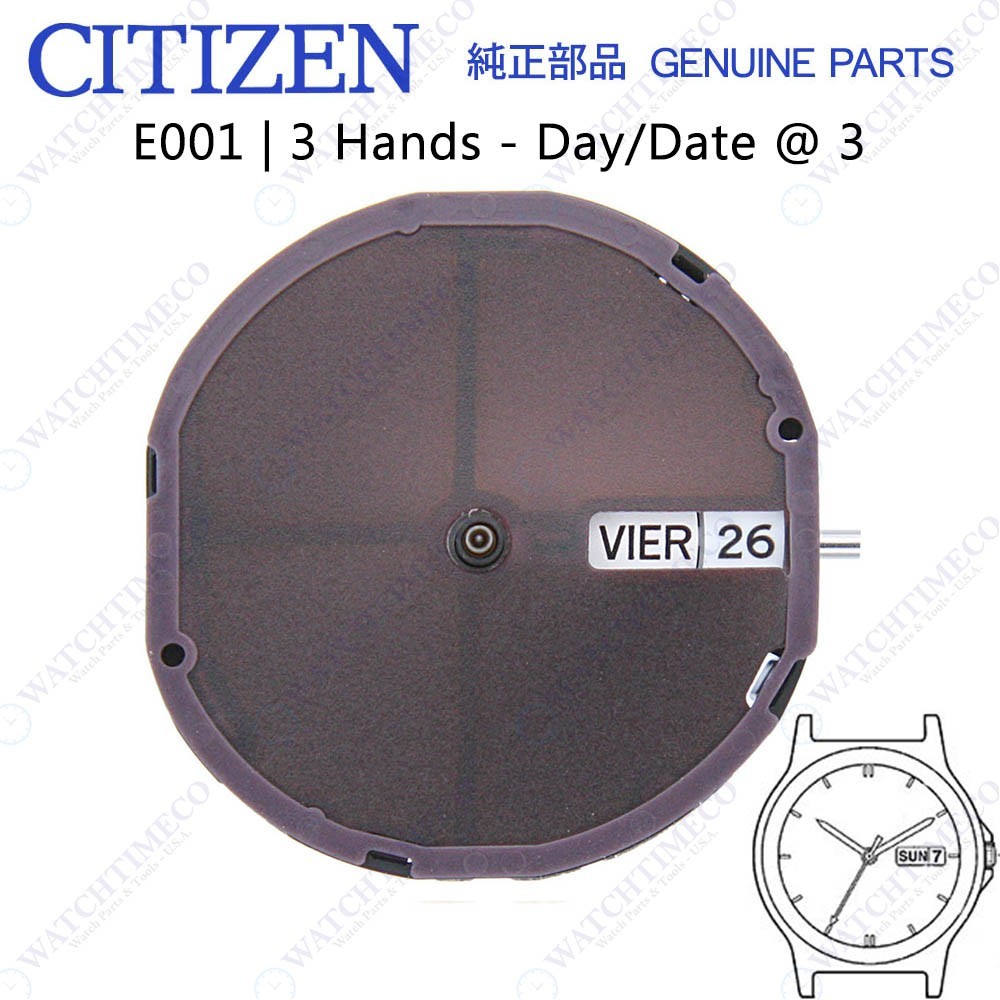 Genuine Citizen E001 Watch Movement Eco-Drive 3 Hands, Date/Day at 3 Solar