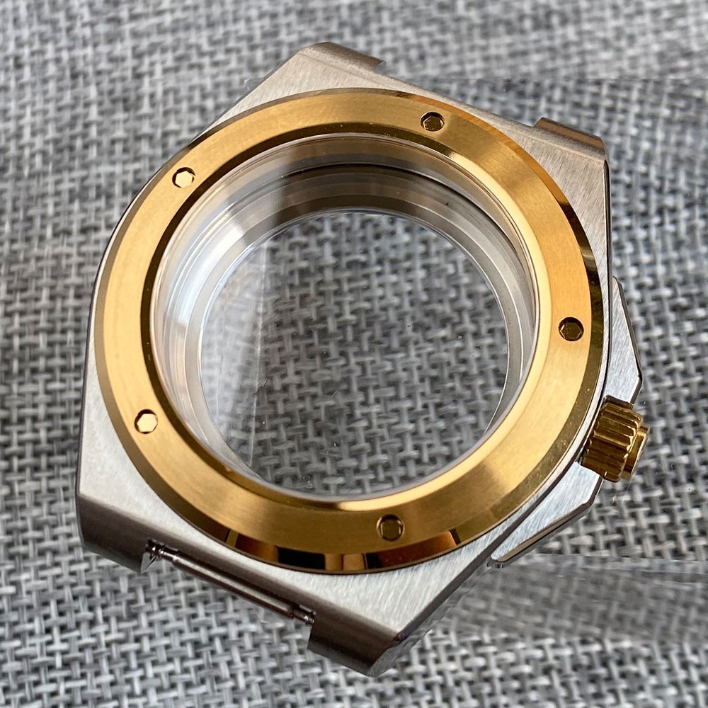 Two Tone Gold 40mm Sapphire 200M Dive Watch Case Fit NH35 PT5000 Glass Back