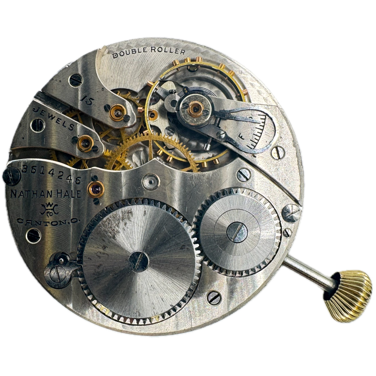 Antique 12s 1917 Hampden Center Speckled Pocket Watch Movement Nathan Hale USA