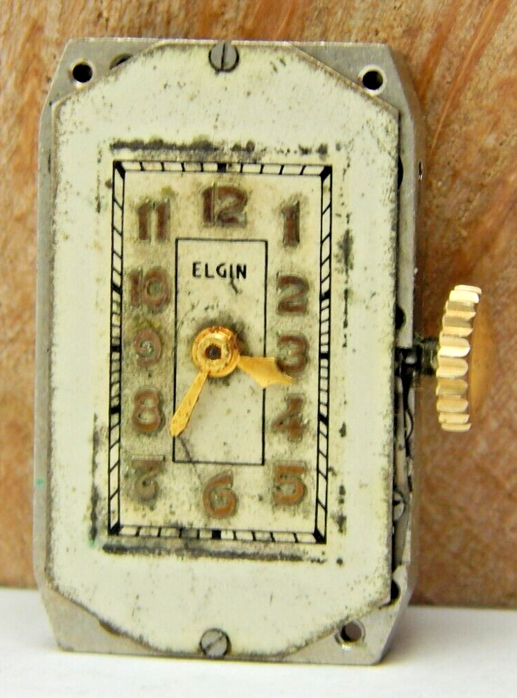 Vintage 7 jewel Elgin 1937 488 18/0s art deco wrist watch movement w/ case back