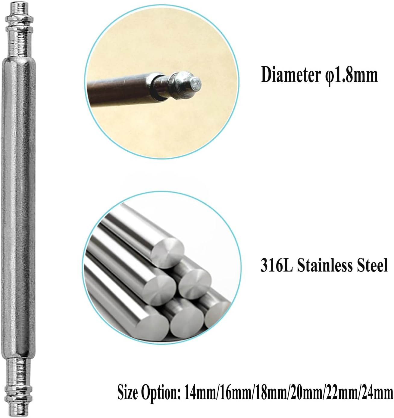 14Mm 16Mm 18Mm 20Mm 22Mm 24Mm Spring Bars, Watch Pins Φ1.8Mm Diameter 10Pcs Stai