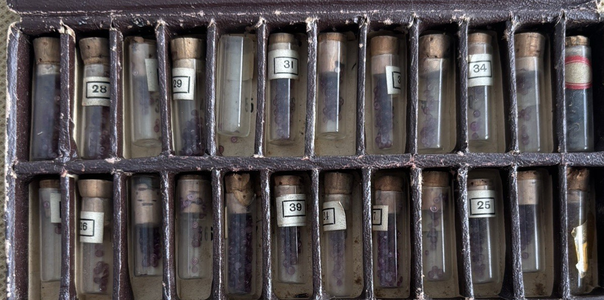ANTIQUE SWARTCHILD & CO. WATCHMAKERS REPAIR JEWELS WITH 24 VIALS & BOX