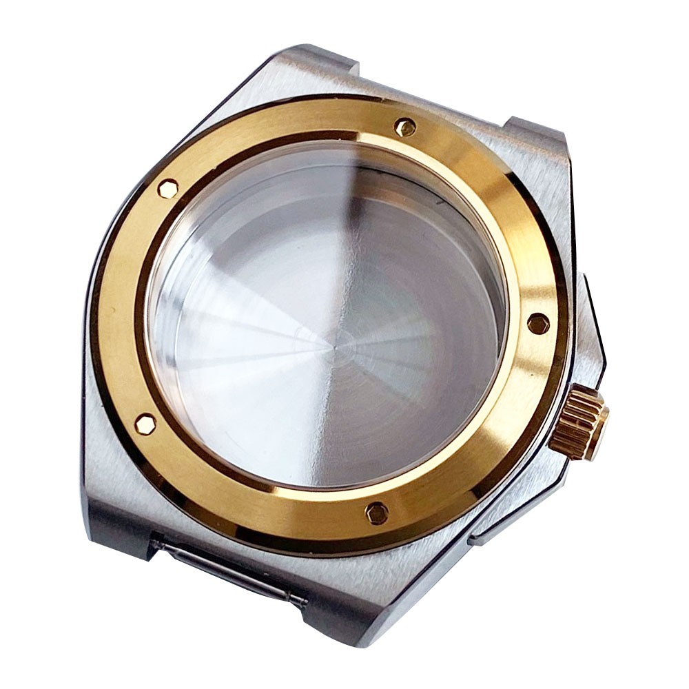 Two Tone Gold 40mm Sapphire 200M Dive Watch Case Fit NH35 PT5000 Glass Back
