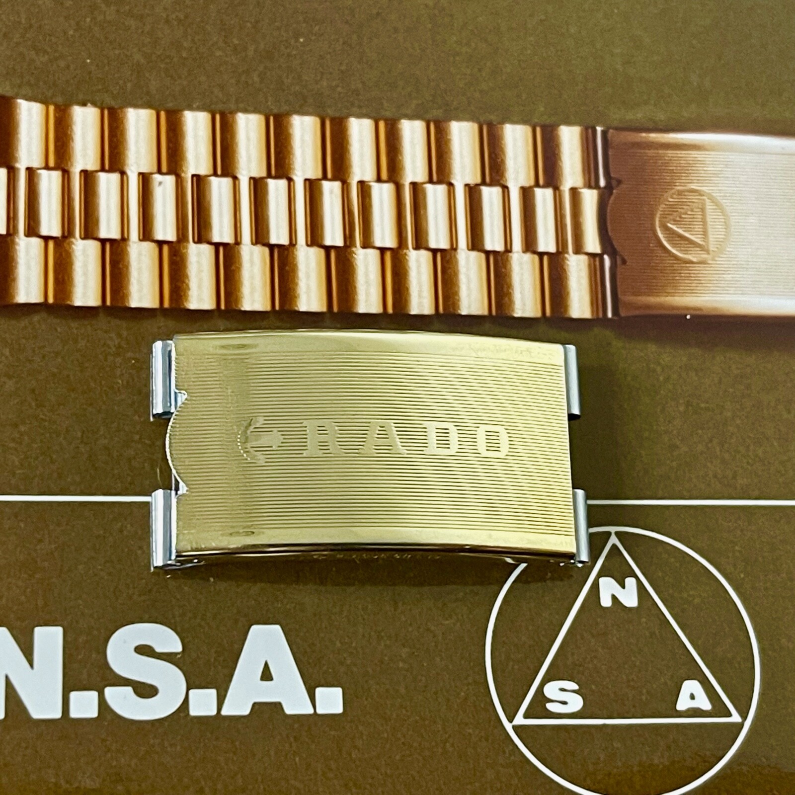 Vintage 3-row Rado NSA watch bracelet complete NOS clasp yellow gold plate Swiss