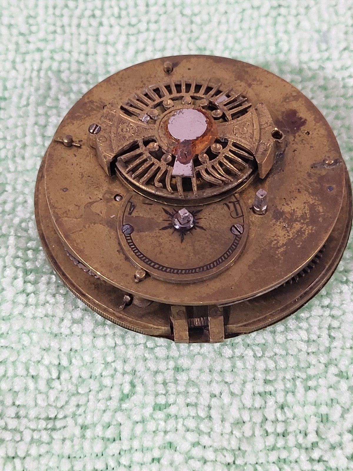 Antique 18thC Verge Fusee Pocket Watch Movement Porcelain Roman Dial