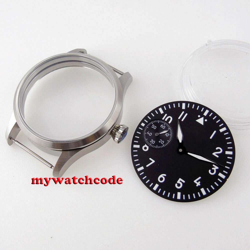 brushed 42mm 316L steel Watch Case fit ETA 6497 6498 ST3600 3620 black dial