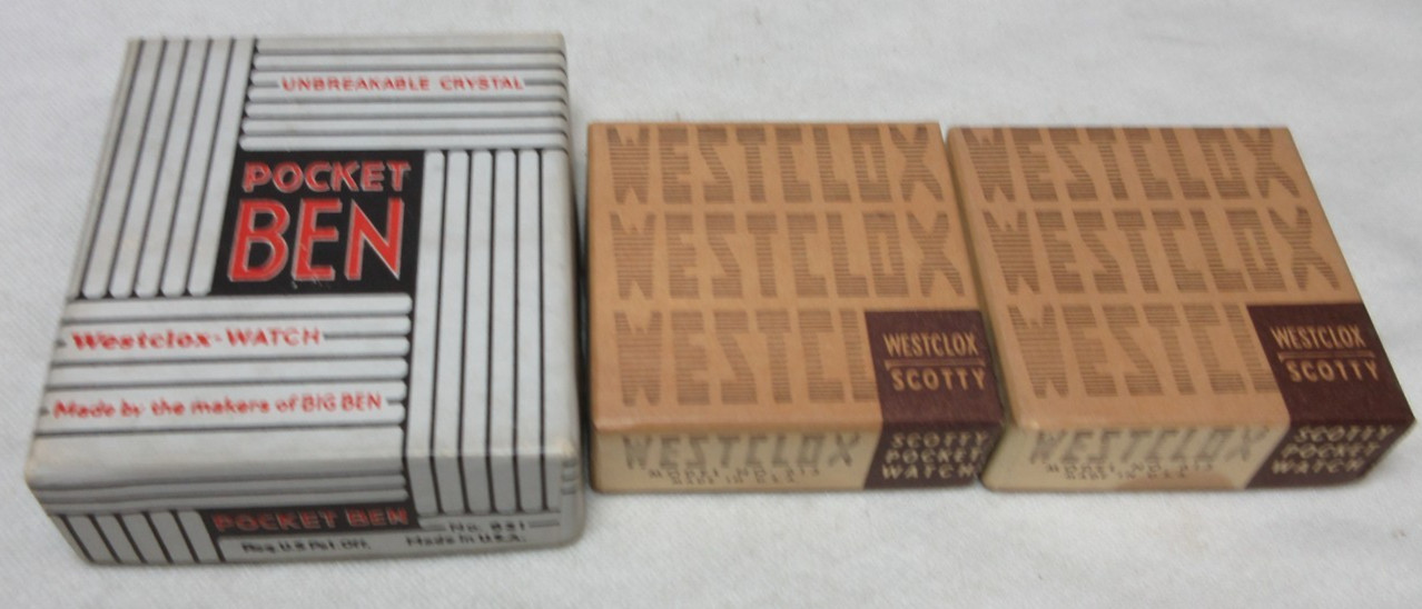 VINTAGE ASSORTED LOT OF WATCH BOXS POCKET BEN WESTCLOX SCOTTY WATCHMAKER #110