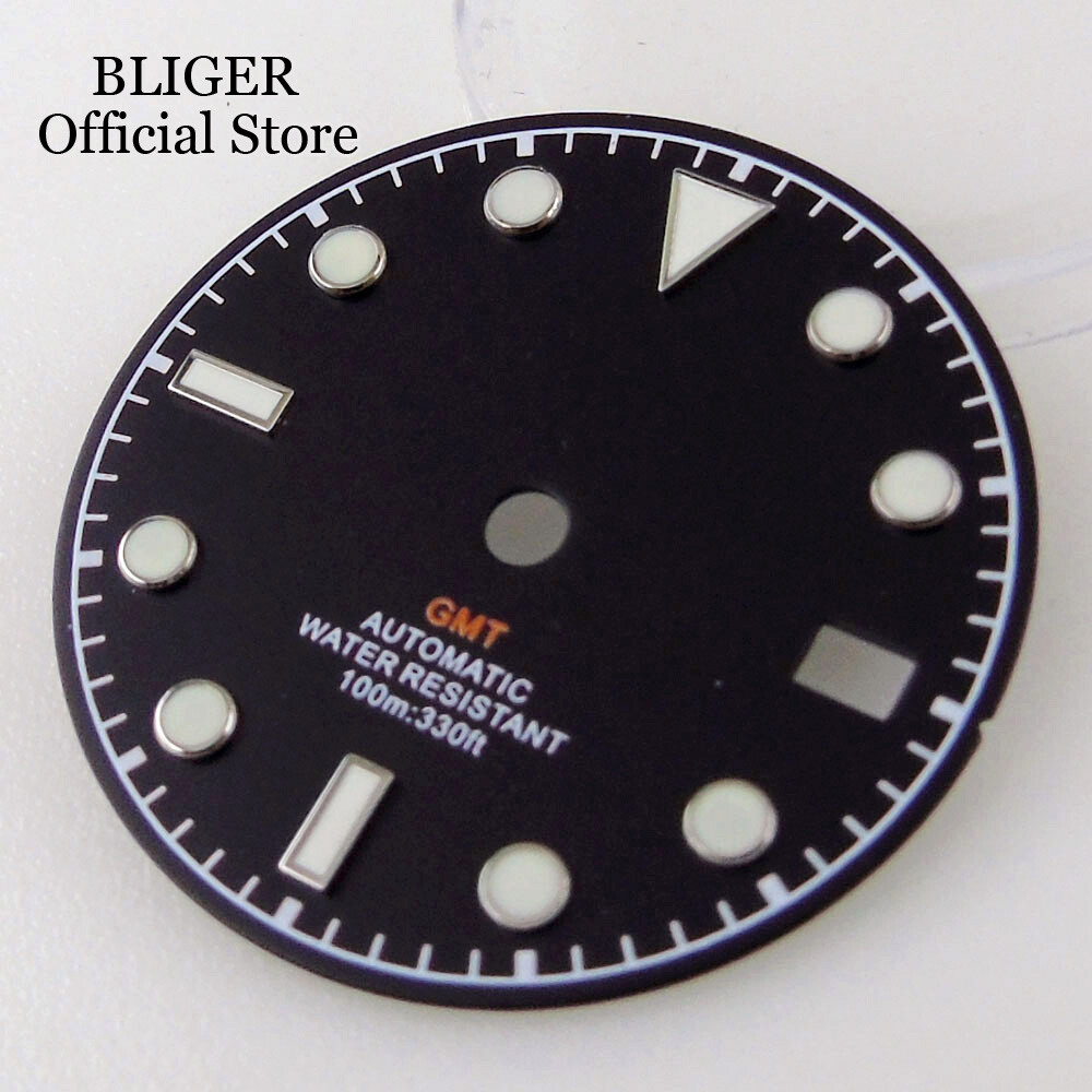 Luminous Black White Blue NH34A 29mm Watch Dial Face Date Window fit NH34 GMT