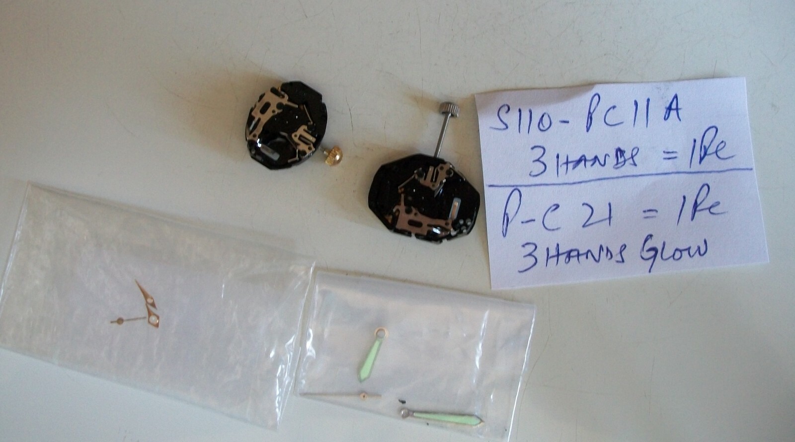 S110-PC11A & PC21 WATCH MOVEMENT WITH STEM AND 3 HANDS EACH (2 PCS)