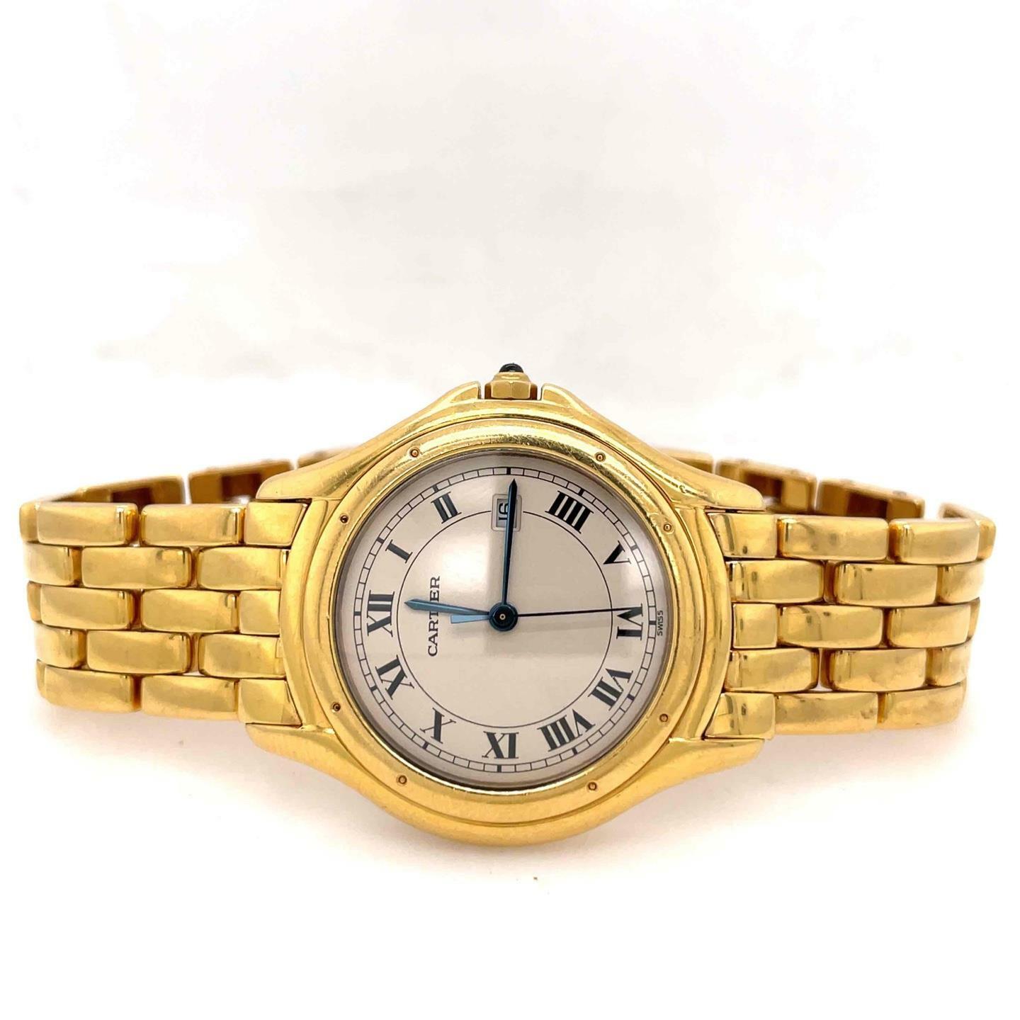 Cartier Cougar Quartz 32mm 18k Yellow Gold Silver Roman Dial Ladies Watch 887904
