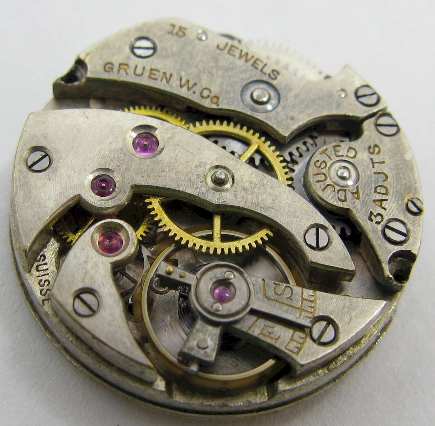 early Gruen round watch movement 15 j. adj. for parts, diameter 22 mm