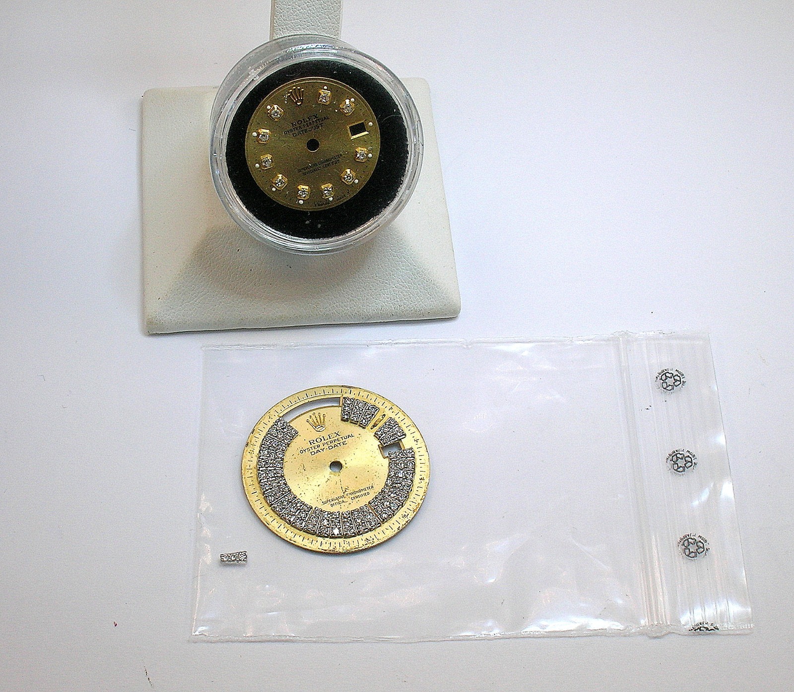 TWO ROLEX MODYFIED WATCH DIALS FOR LADIES WATCHES – USED – 19.9 MM AND 28.6 MM