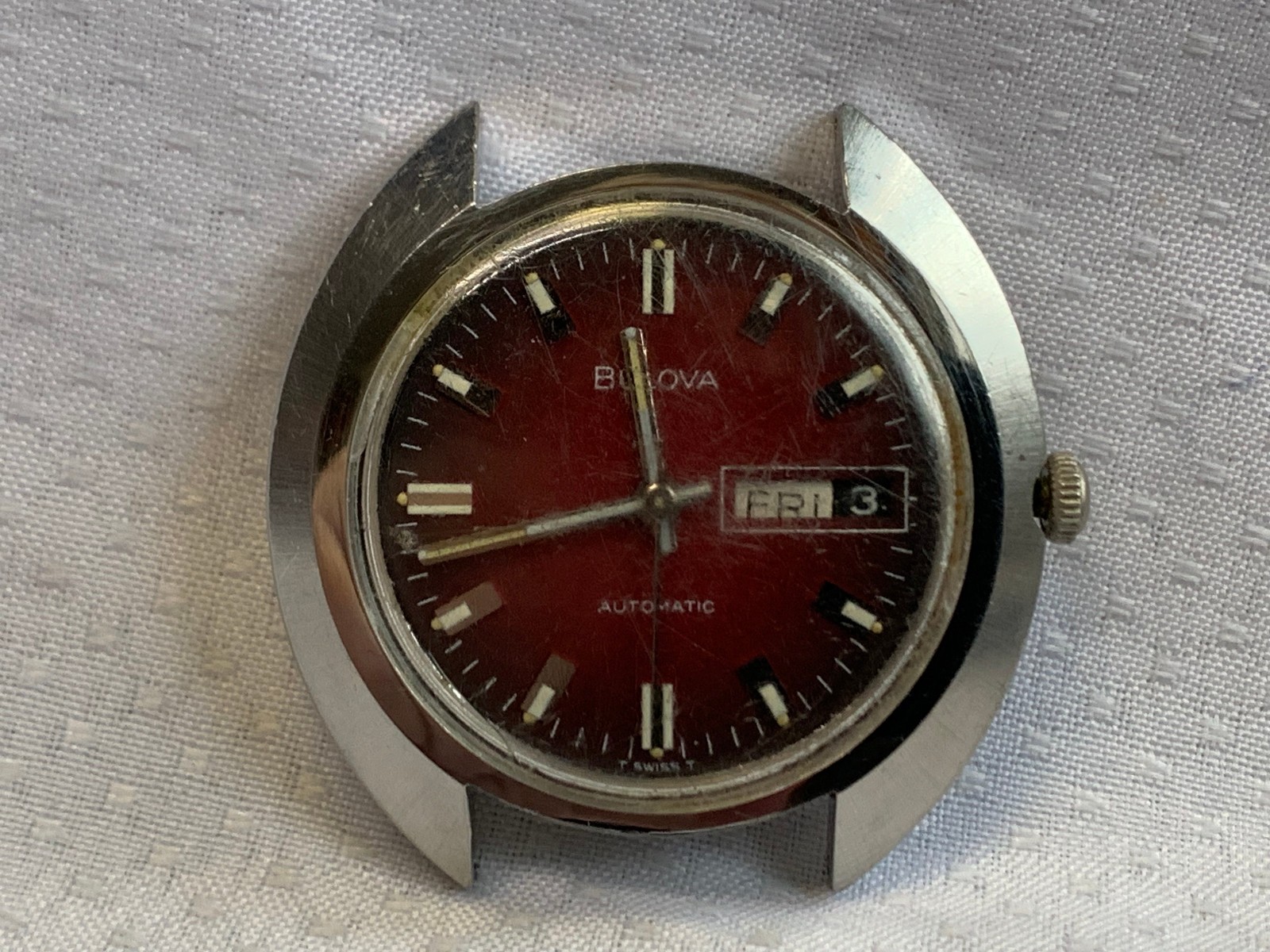 Vtg Bulova Mens Automatic Watch Face Red Dial Day Date Calendar *RUNNING*