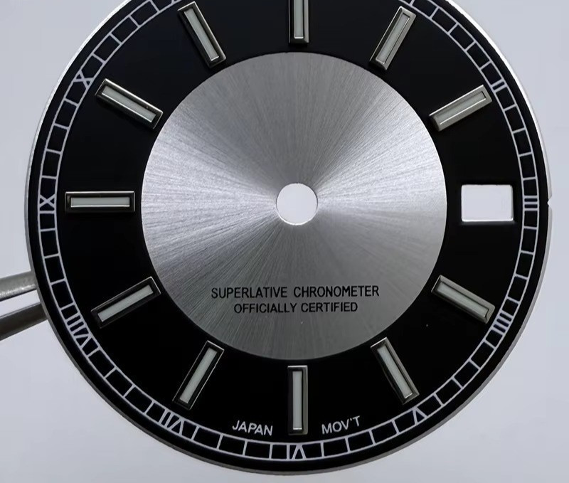 28.5mm NH35 Sunburst Watch Dial Arabic Tuxedo In Black & Silver Green Luminous