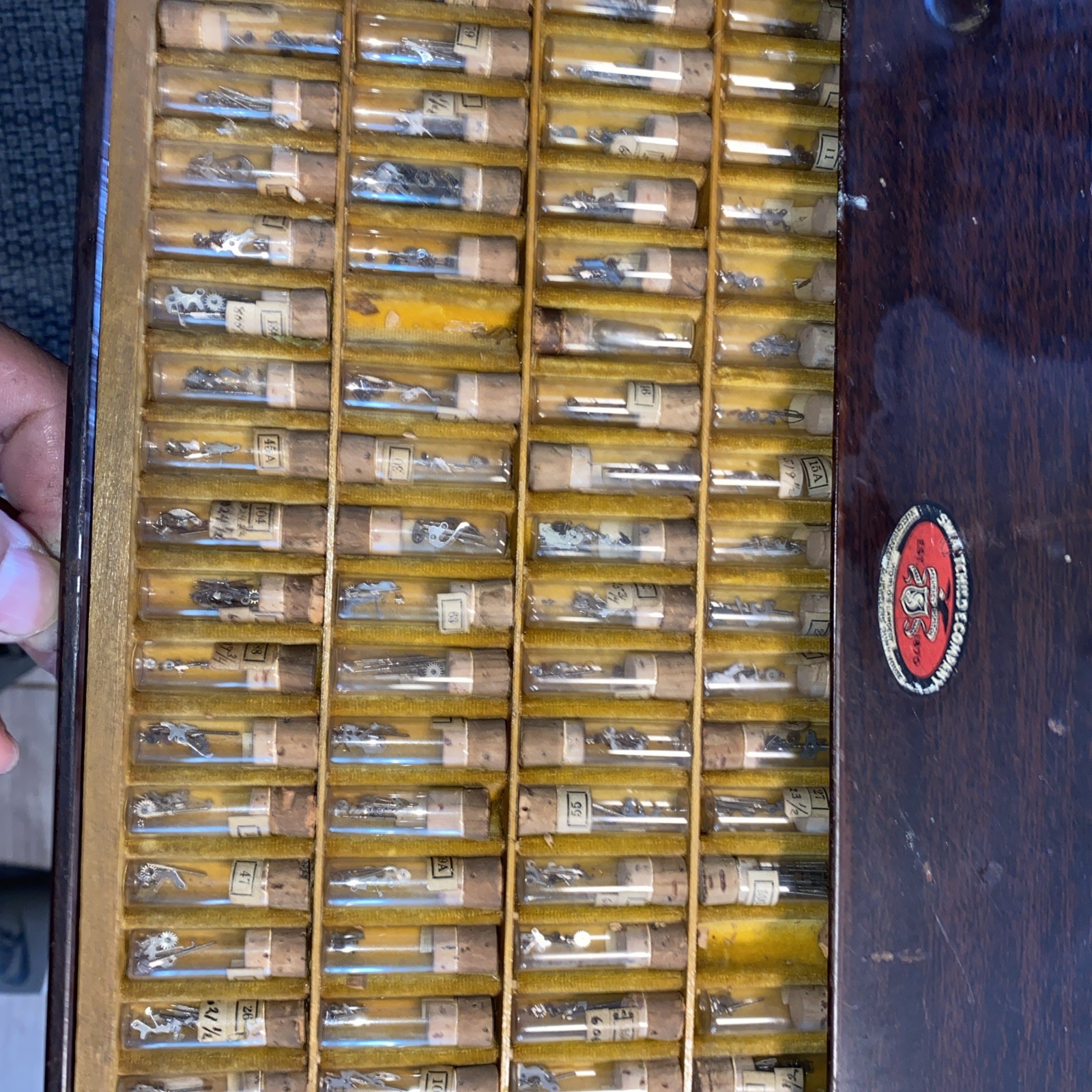 VTG SWARTCHILD & CO BOX CASE WATCHMAKER REPAIR WATCH ASSORTED PARTS GLASS VIALS