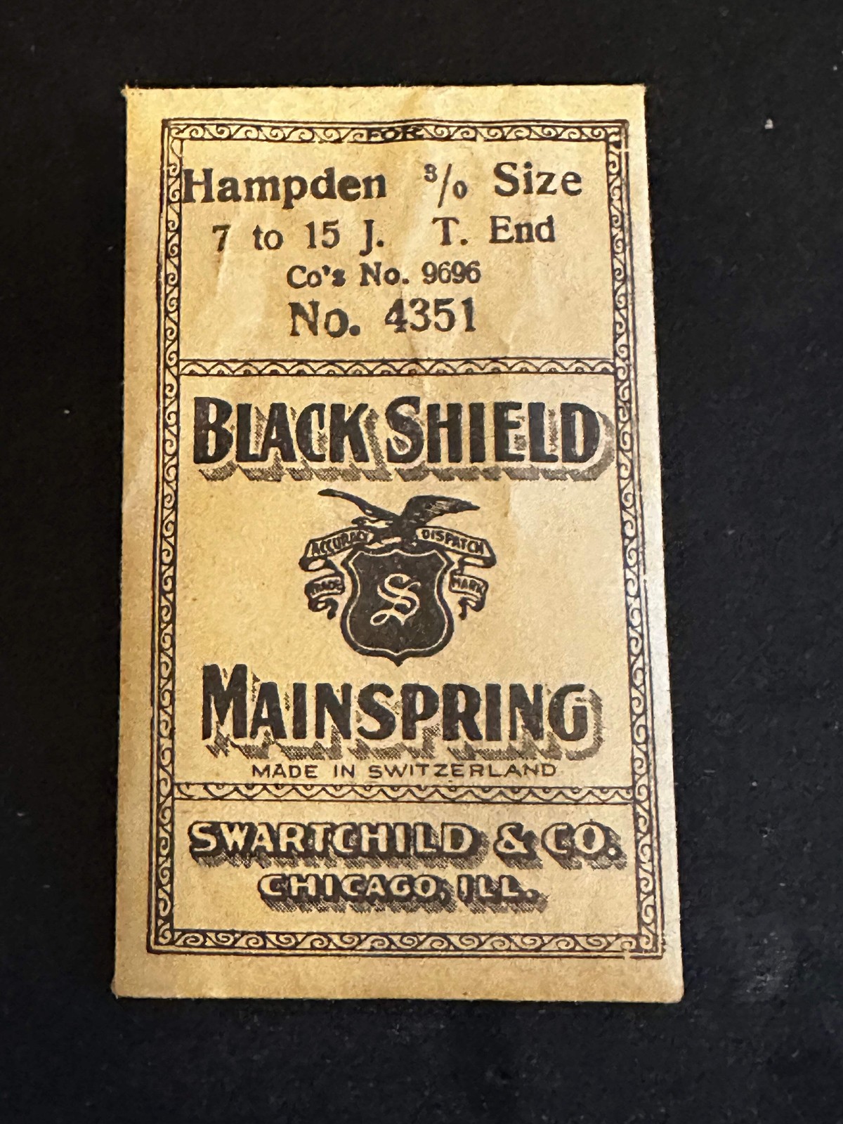 Swartchild Black Shield Mainspring #4351 for Hampden 3/0s No. 9696 – Steel