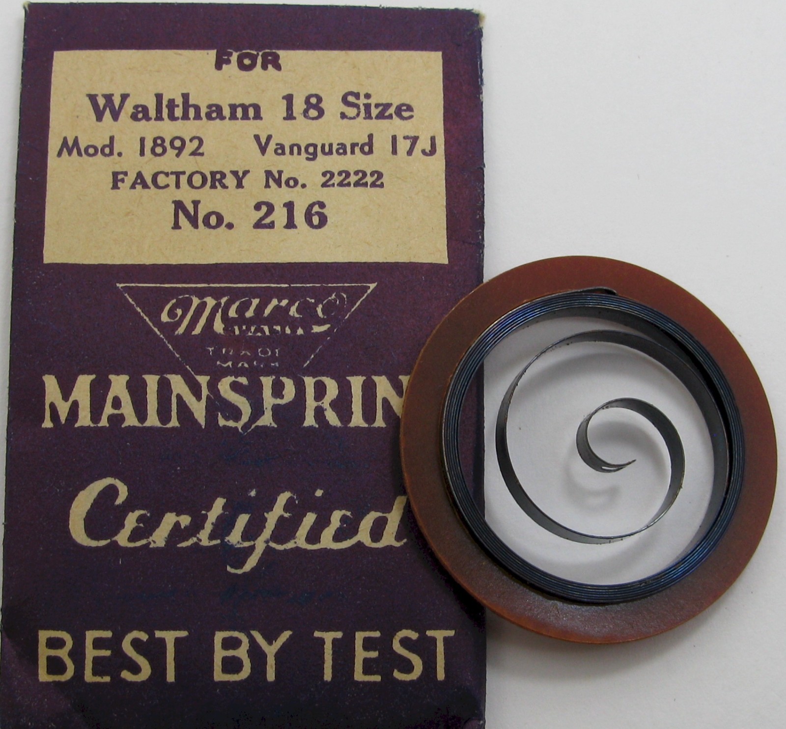 Waltham 18s 1892 2222 17 jewels Watch Mainspring 1 piece * blue alloy *