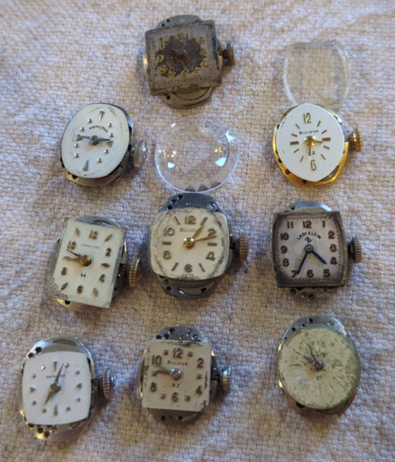Lot of 9 LADIES WATCH MOVEMENTS For PARTS REPAIR. Hamilton, Bulova, Lady Elgin.