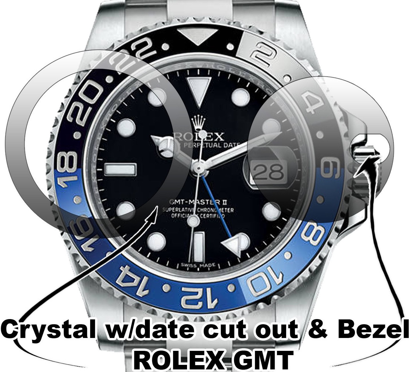 For-Rolex GMT II HD Clear Crystal Protector anti-scratch, DateWindow n Bezel set