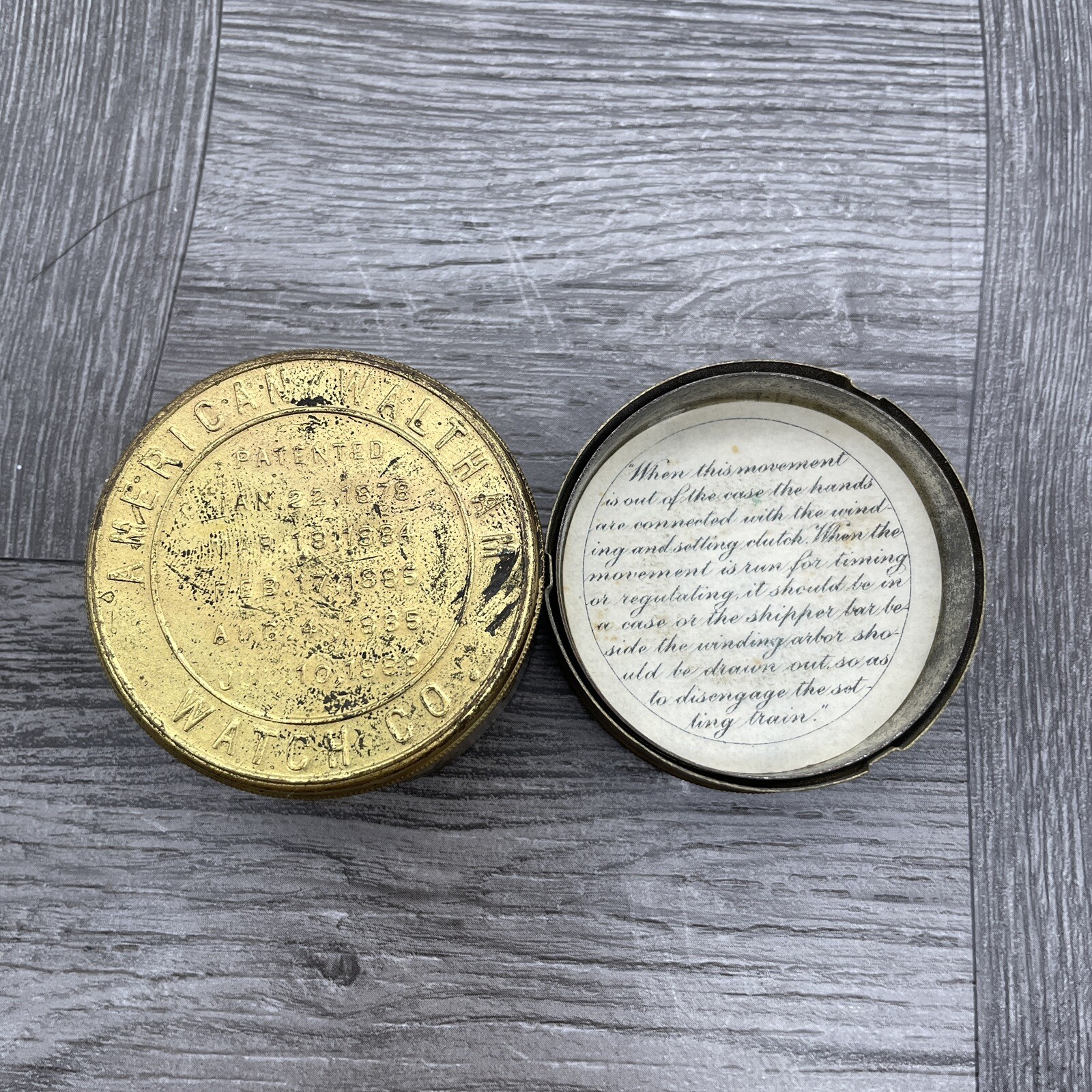 Vintage American Waltham Watch Co. Brass Pocket Movement Holder Round W/Label