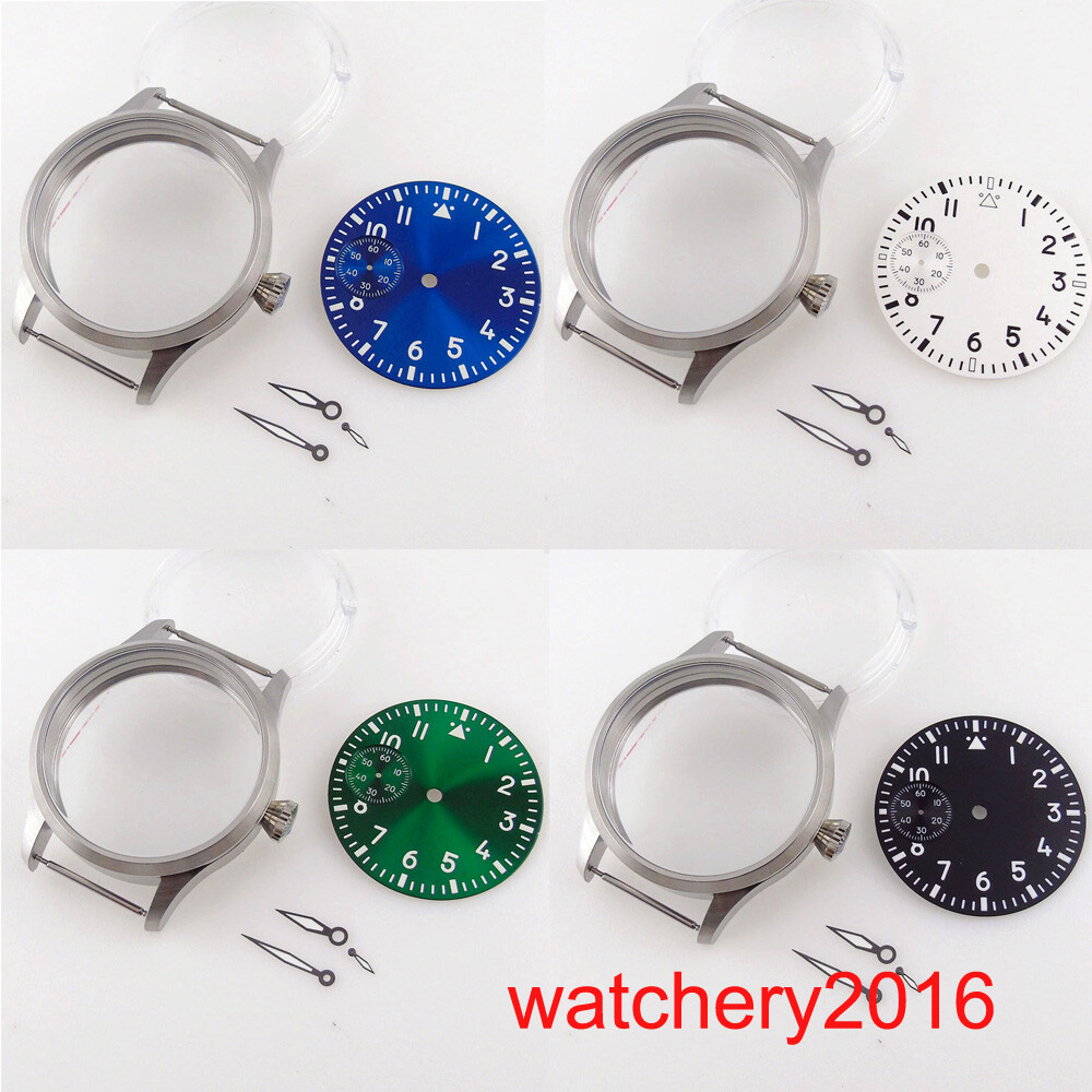 Manual Brushed 42mm Watch Case Luminous index Blue Green Dial Fit ETA 6497