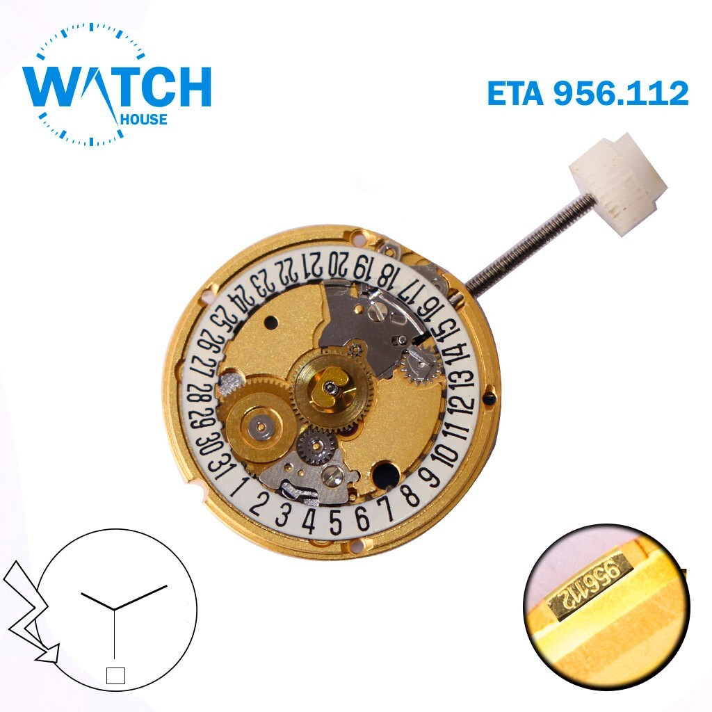 ETA 956.112 Swiss Quartz Movement, White Date Disk at 6, 3Hands.