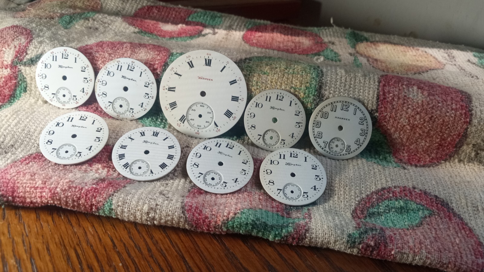 HAMPDEN 12 SIZE & 3/0 SIZE PORCELAIN POCKET WATCH DIALS VERY GOOD TO MINT 9 PCS
