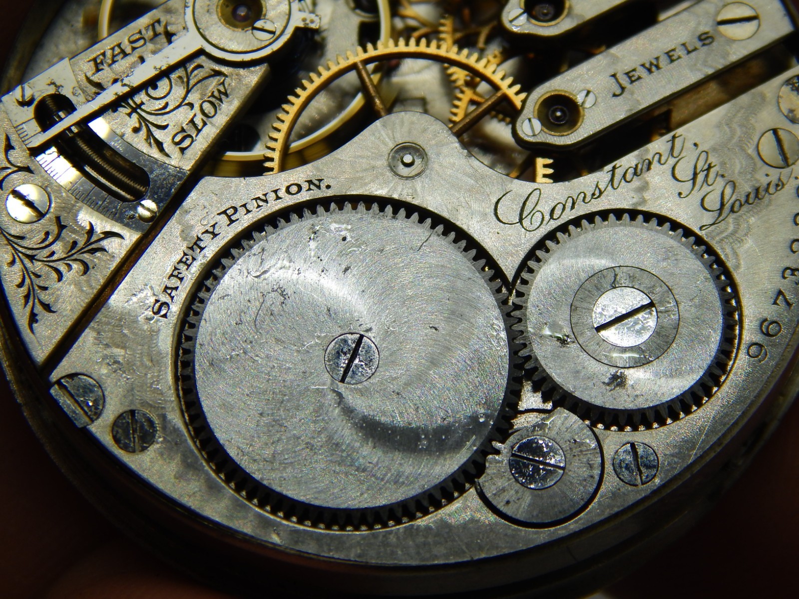 Antique Pocket watch movement Elgin GR 247 3 finger Pr Label St Louis Constant