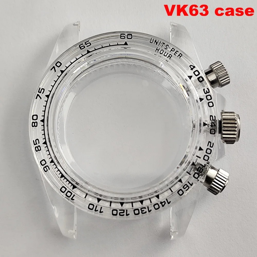 39.3mm Transparent Watch Case Acrylic Case for VK63 Movement Wristwatch Parts