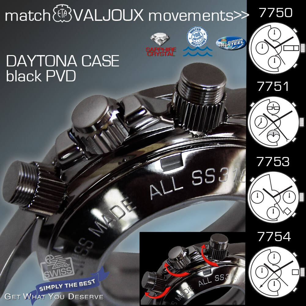 WATCH CASE DAYTONA,TACHYMETER, ETA VALJOUX 7750, 7751, 7753,7754 BLACK, 38MM