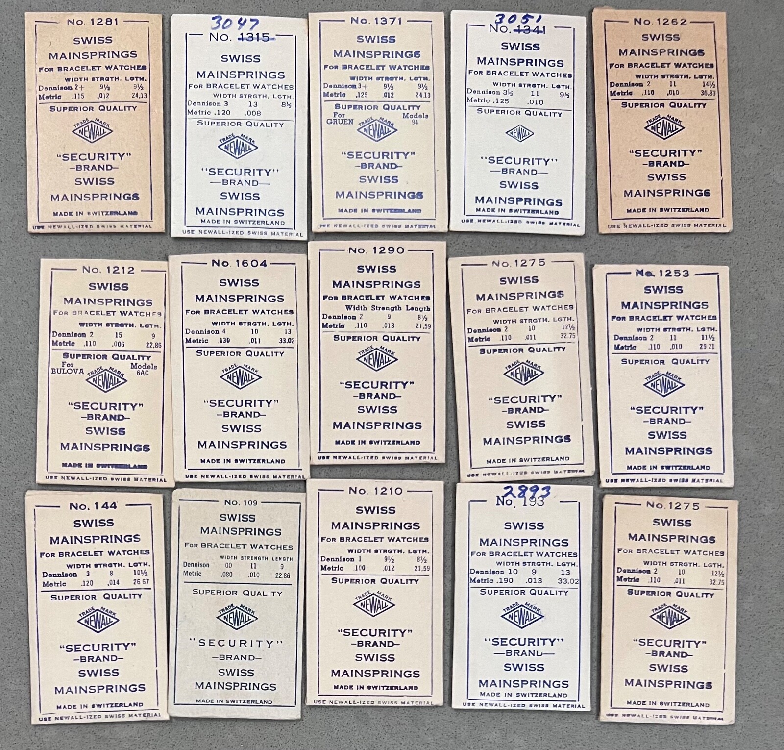 Lot of 15 Newall Security Swiss Mainspring NOS Various Models – A1