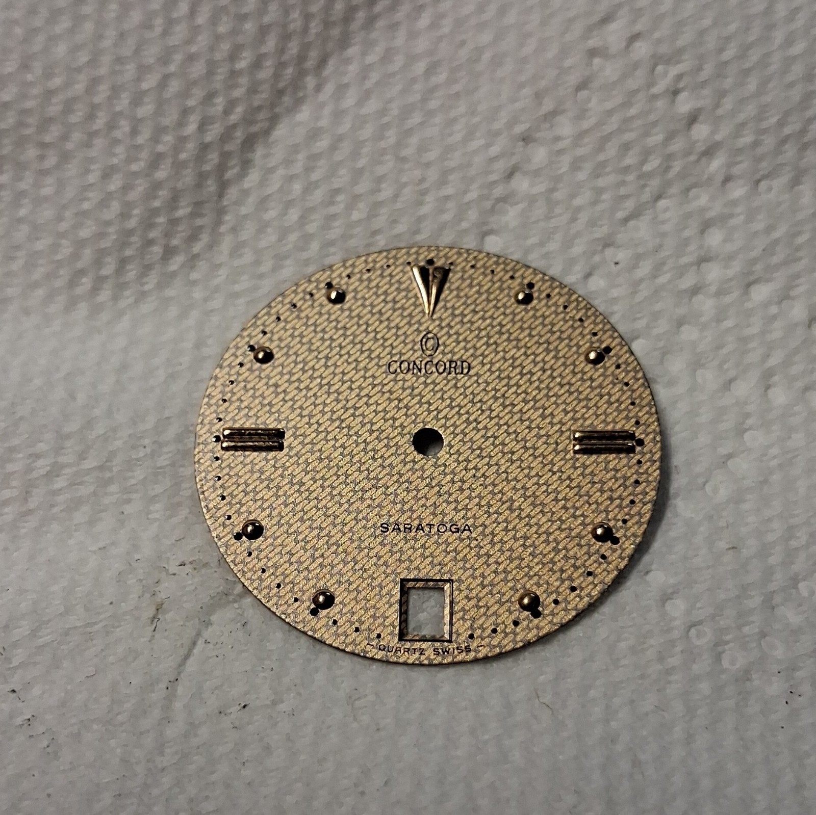 Concord Saratoga Gold Textured Watch Dial Face, Date Window, Hour Marks