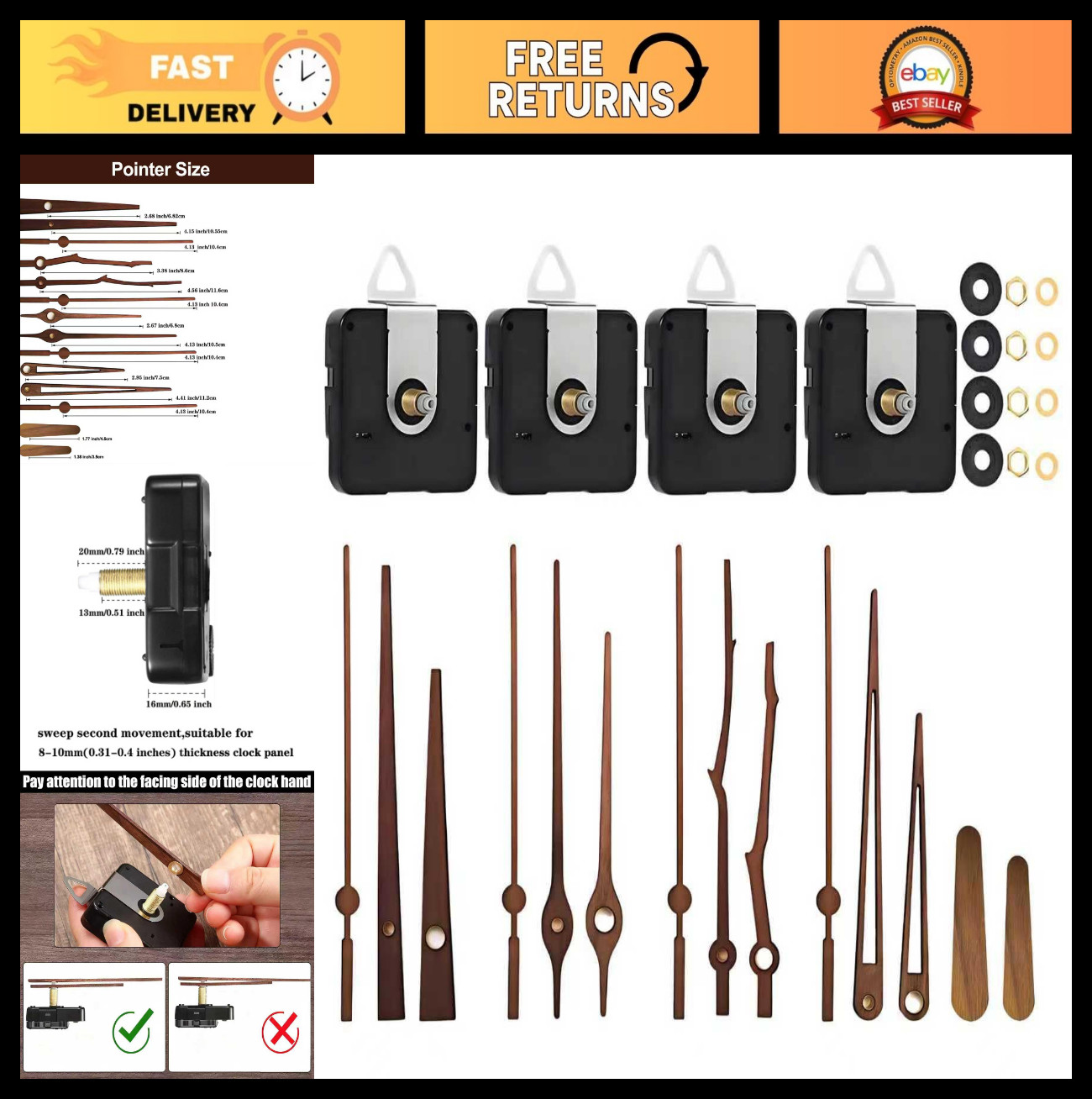 4 Watch Mechanisms & 5 Walnut Wood Hands – Long-Axis Quartz Movement DIY Kit