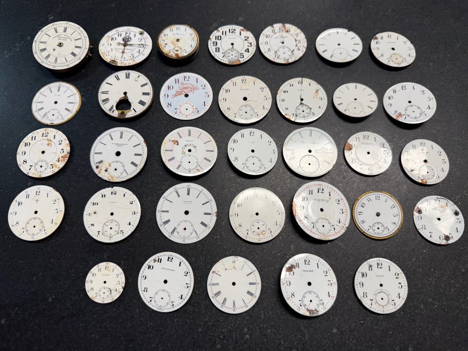 Porcelain Watch Dial Lot 33 Pocket Watch Faces Elgin Waltham Parts Repair Art