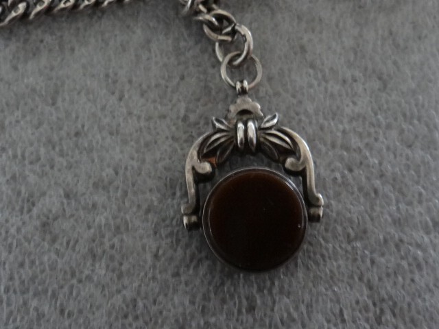 Rare Antique English Sterling Silver Pocket Watch Chain With Swivel Agate Fob