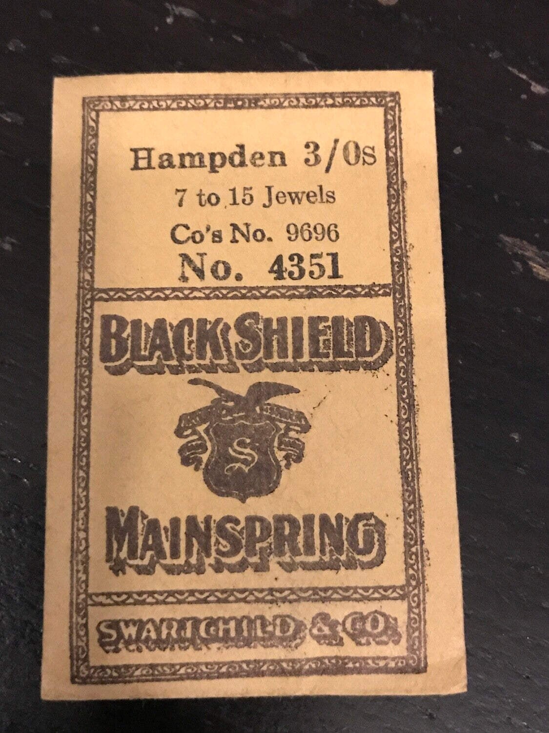 Swartchild Black Shield Mainspring #4351 for Hampden 3/0s No. 9696 – Steel