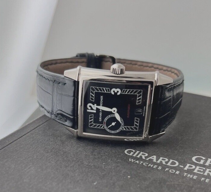 Girard Perregaux Watch 1945 Vintage 18k White Gold Ref 2596 Black Dial Art Deco