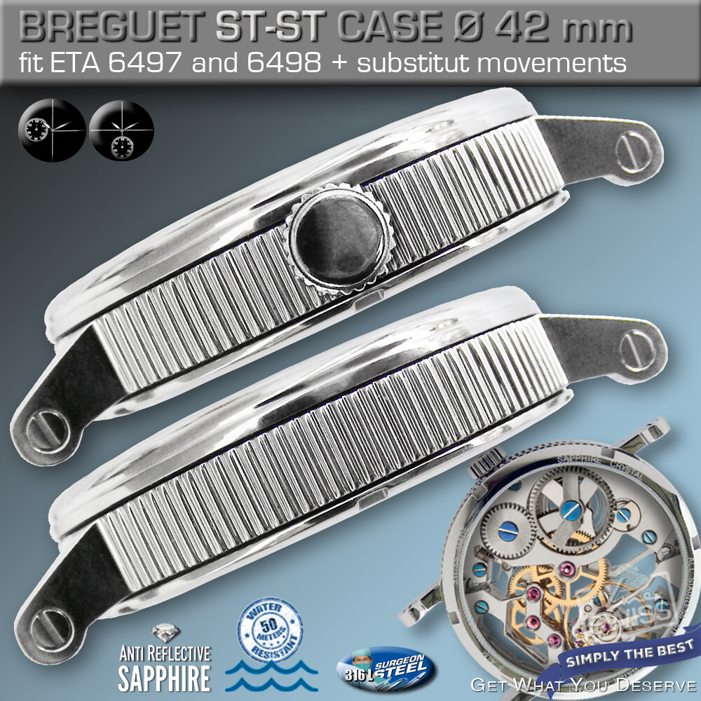 WATCH CASE BREGUET, 42 MM, ST.STEEL, SAPPHIRE C, MOVEM. ETA 6497, 6498, DB6, DB9