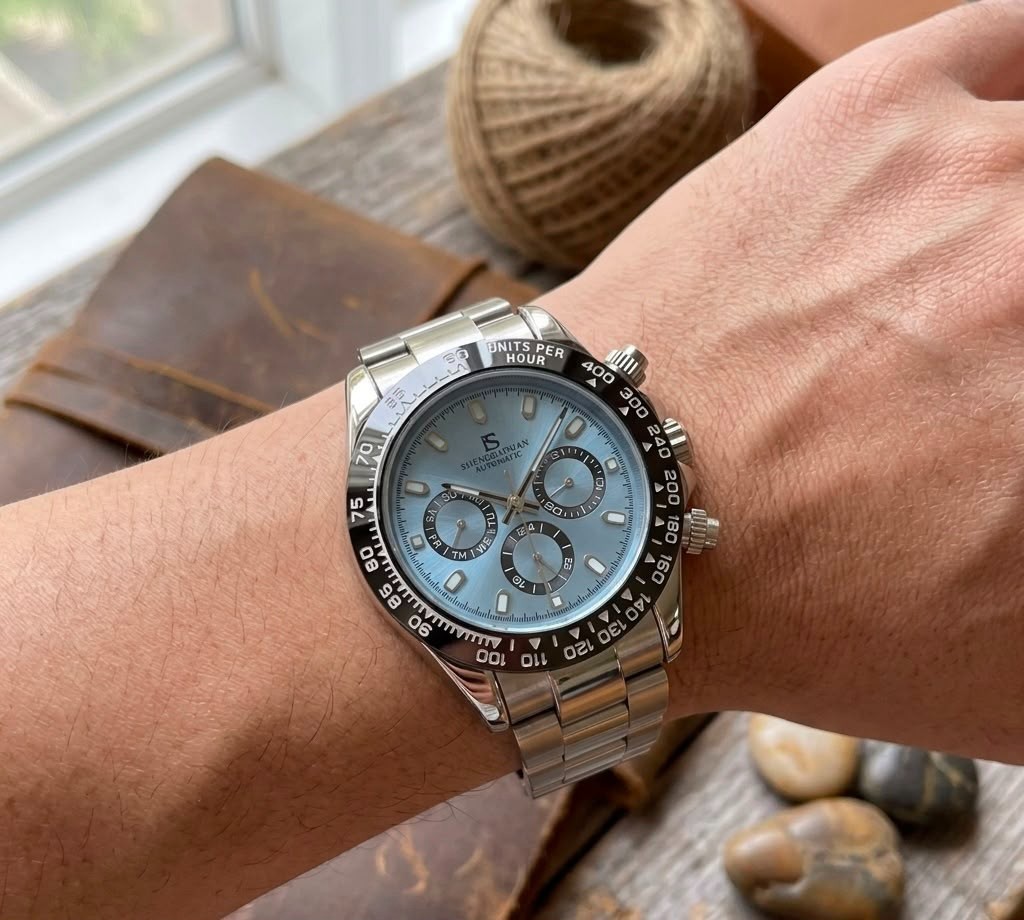Mens Automatic Mechanical Watch Ice Blue Dial Stainless Steel Tachymeter 40mm