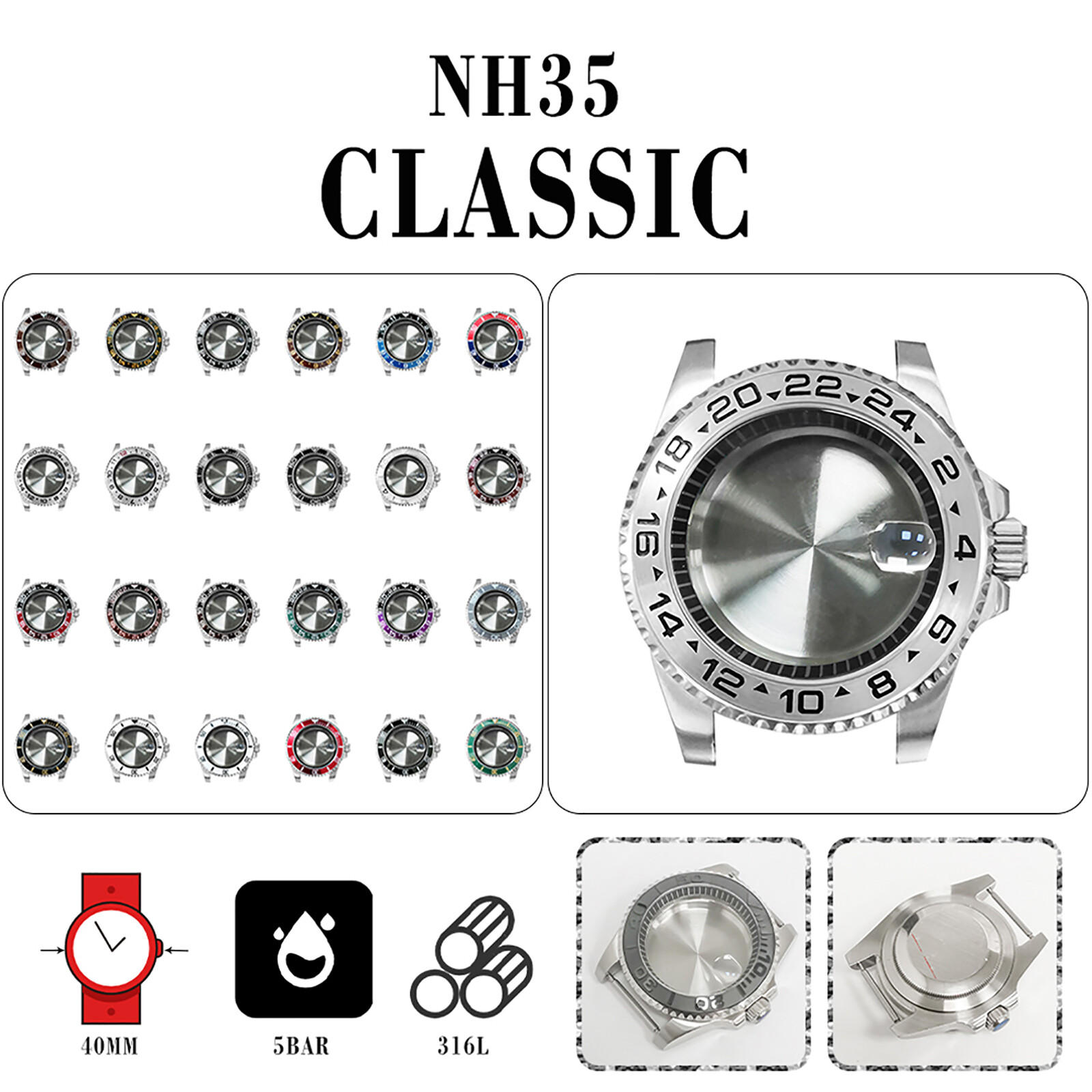 40MM Steel Watch Case Black Inner Ring Sapphire Magnifying Glass for NH35/NH36