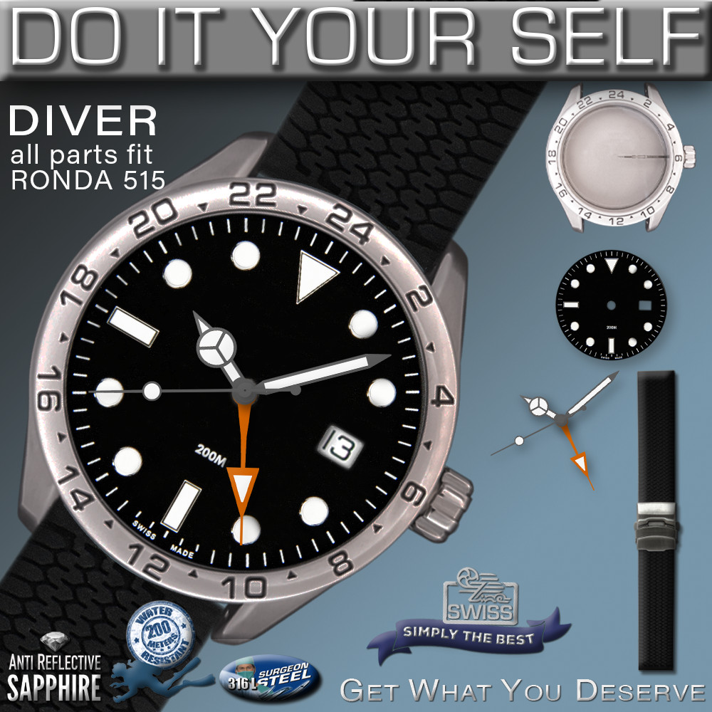 DO IT YOURSELF KIT DIVER GMT 200M CASE 45.6MM, DIAL, HANDS fit RONDA 515 Quartz