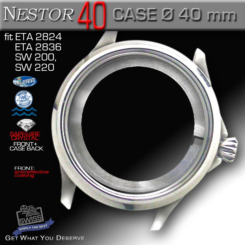 WATCH CASE NESTOR FOR ETA-2824/2836, SW 200/220,Ø 40 MM, ST.STEEL,SAPH.CRYSTAL,