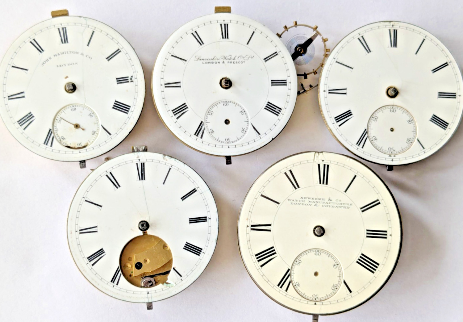6 London English Lever Pocket Watch Movements Parts Repair Lot 44-49mm