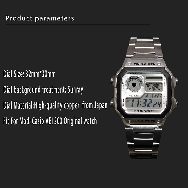 AE1200 DIY Metal Dial for Casio 3299 AE-1200 Copper Dial Mod Kit Replacement Wat