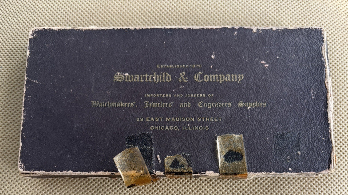 ANTIQUE SWARTCHILD & CO. WATCHMAKERS REPAIR JEWELS WITH 24 VIALS & BOX