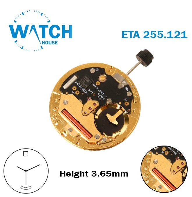 ETA 255.121 Swiss Watch Movement-Height:3.66mm-Beige Day At 6 & Date Disk at 12.