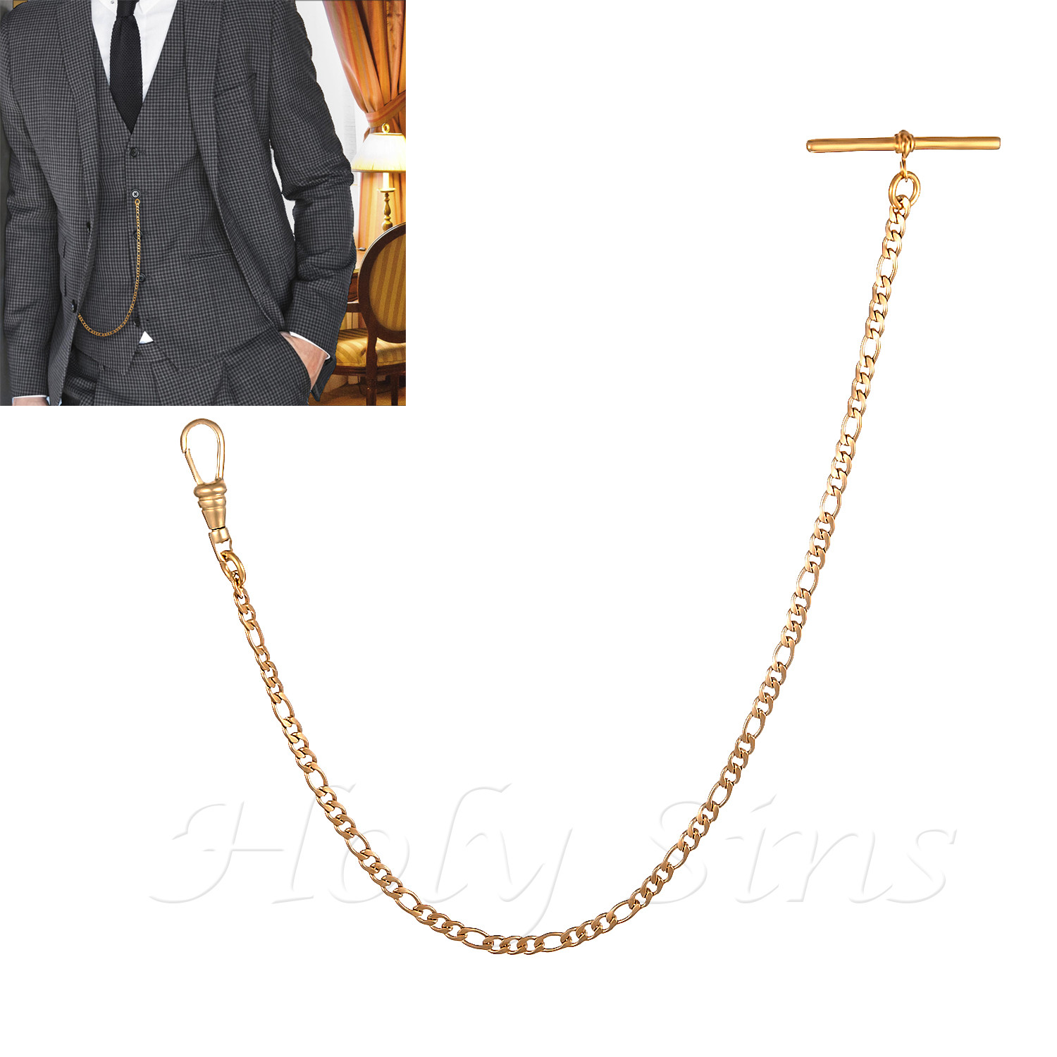 Brand New Gold Colour Single Albert Pocket Watch Figaro Chain