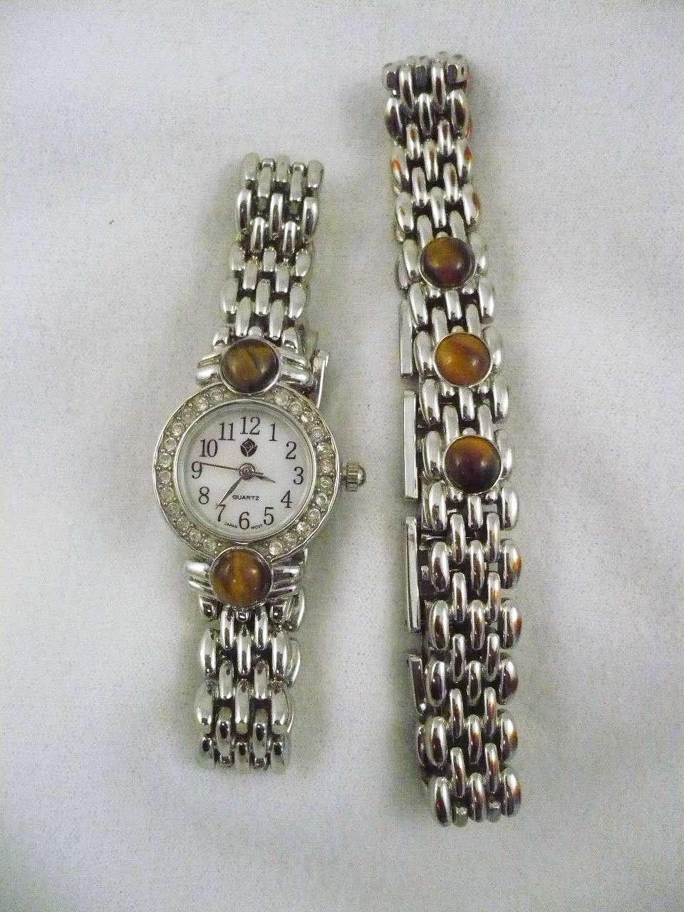Designs by Rose watch silver metal bracelet R/S & faux tiger’s eye accents