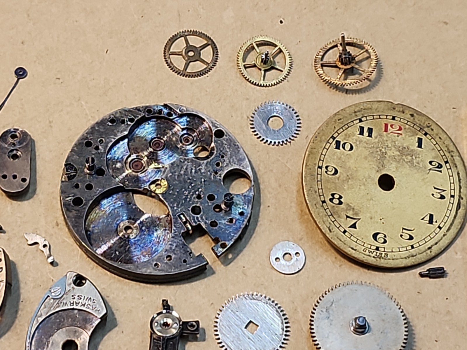 Lot Of Mixed AS? 10-1/2L Watch Parts-Plates, Bridges, Wheels, Dial-Parts Spares